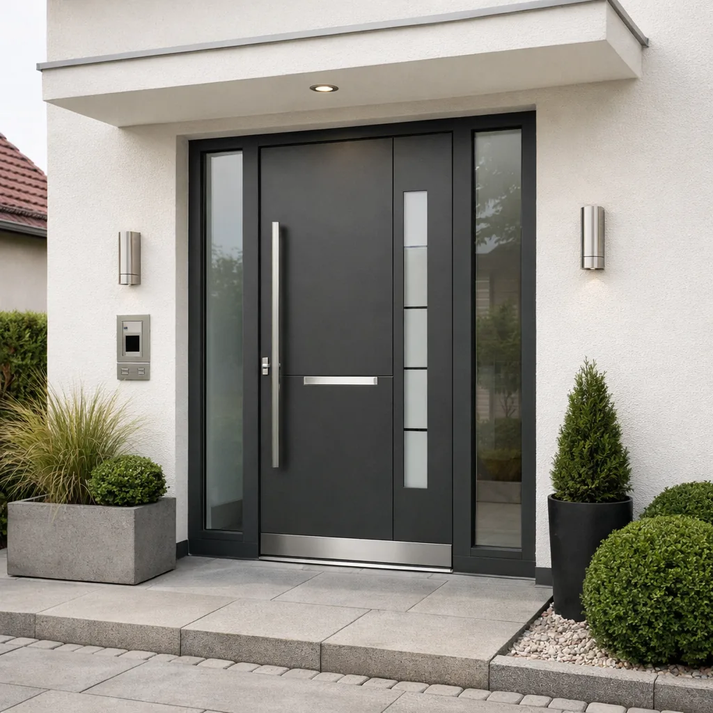 Moderne Haustür mit Glasseitenteilen und Türsprechanlage